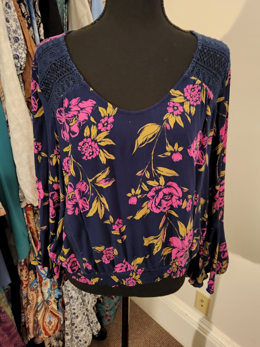 Express Navy Floral Scoop Neck Blouse with Pink & Yellow Bloom